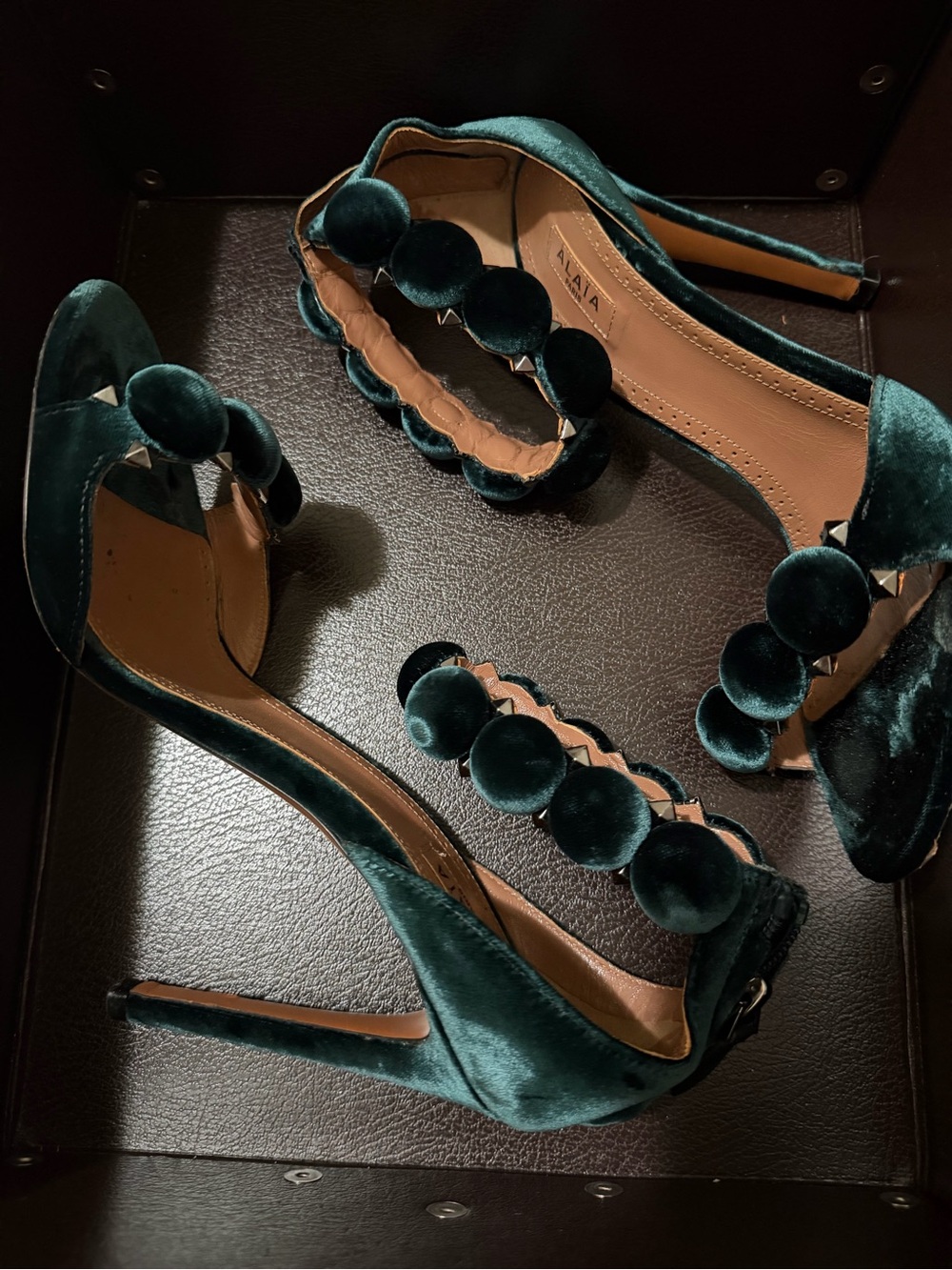 Alaia Velvet Emerald Green High Heel Sandals with Decorative Pom Strap
